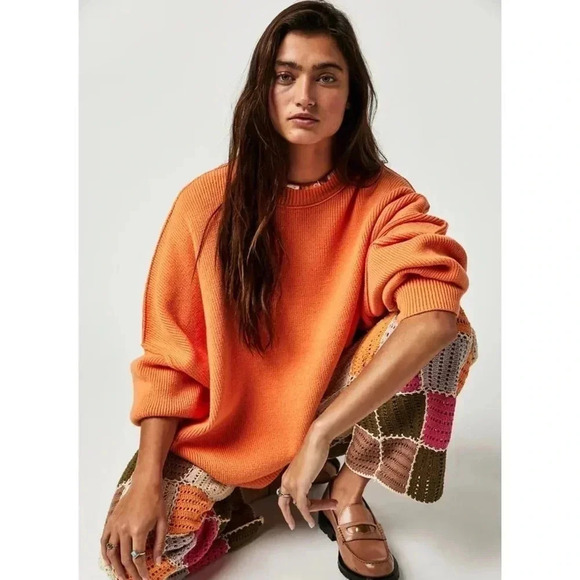NWT Free People Easy Street Sweater Oversized Crewneck Ribbed Orange Slouchy - Picture 1 of 8